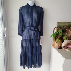 Nanette Lepore Sheer Metallic Stripped Dress, Navy Blue Size 2